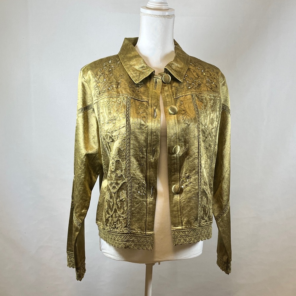 Carrie Allen Women’s Embossed Metallic Gold Jacket Medium – Statement Boho Luxe